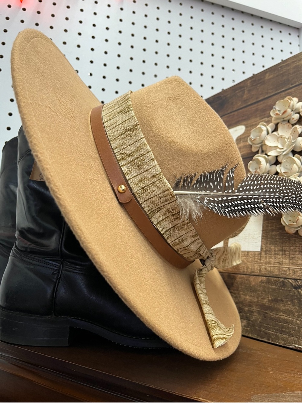 Wide Brim Felt Fedora Hat in Tan with Feather Accent